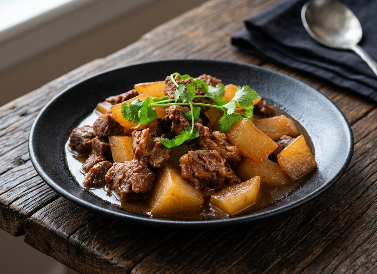 Cantonese braised beef brisket with daikon, garnished with fresh cilantro, served in a black bowl on a weathered wood surface