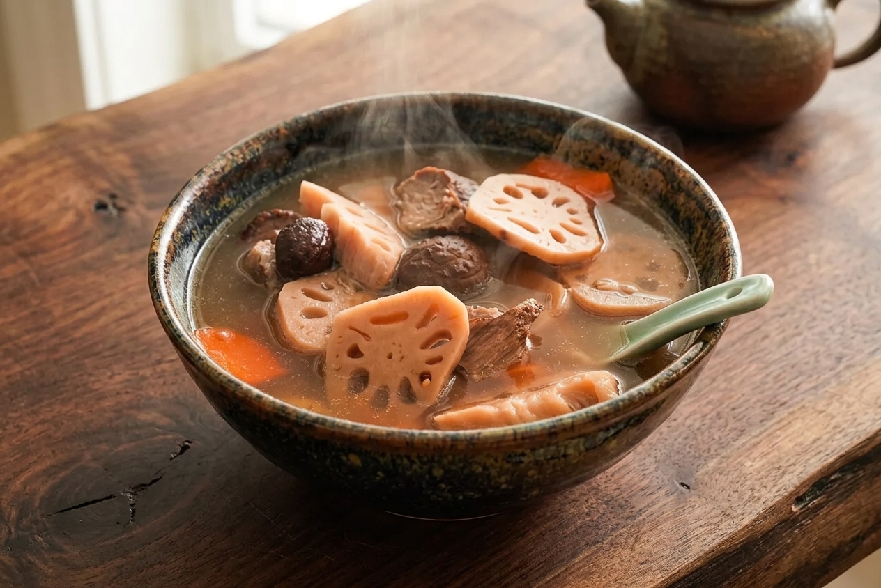 Steaming bowl of Cantonese lotus root soup (C1 蓮藕湯) with sliced lotus root, dried black mushrooms, pork, and carrots, served in a speckled ceramic bowl with a celadon soup spoon